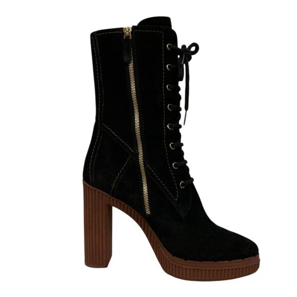 Tod’s Gomma Lace-Up Suede Heeled Bootie Black Ribbed Heel Size 40 Italy 10 US - Picture 6 of 15
